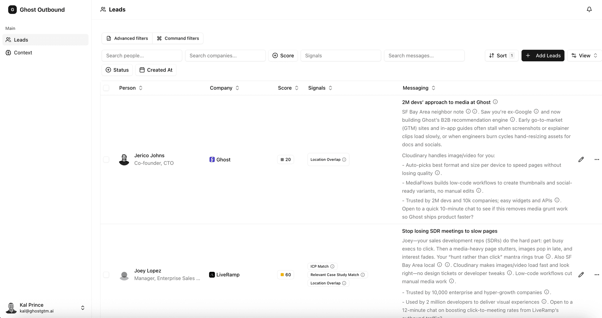 Ghost Outbound leads management interface